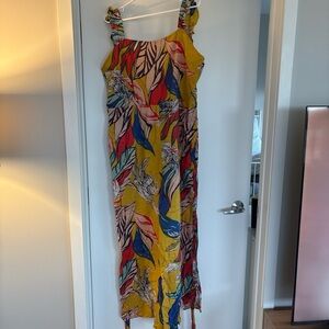 Anthropologie Tropical Leaf Print jumpsuit in Mustard